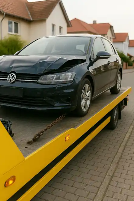 Ein defektes Fahrzeug, das in Oberhausen zum Autoankauf abgeschleppt wird.